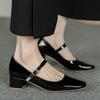 Women's Shoes 2024 Hot Sale One-word Buckle Women's Pumps Autumn Square Toe Solid Mary Jane Chunky Heels Shallow Mouth Pumps