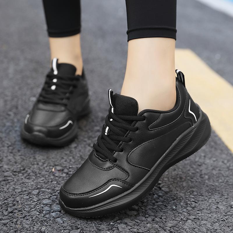 Fashion Autumn Winter Sports Shoes for Women Leather Running Shoes Woman Slip On Lightweight Walking Shoes Black Casual Tennis Shoes