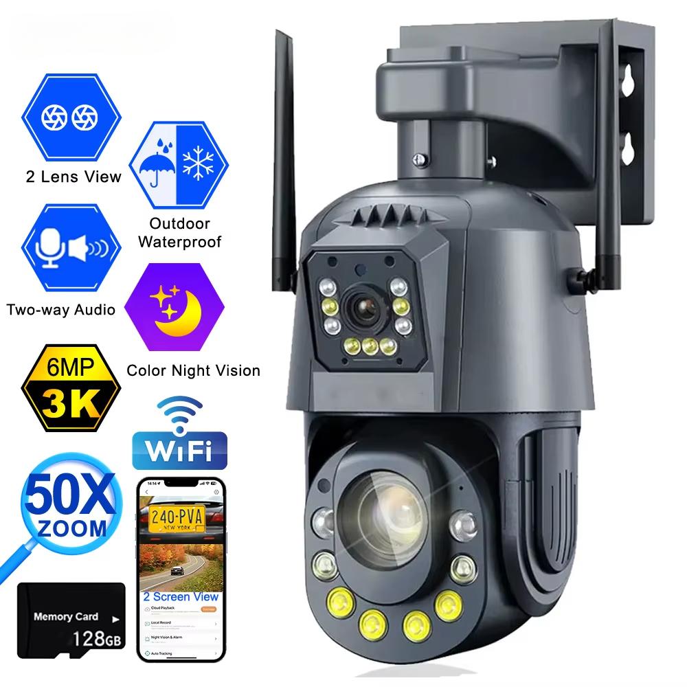 Wifi Camera HD 6MP PTZ 50X Zoom Two-way Audio Color Night Vision Outdoor Waterproof CCTV Surveillance Security Wi-Fi IP Camera