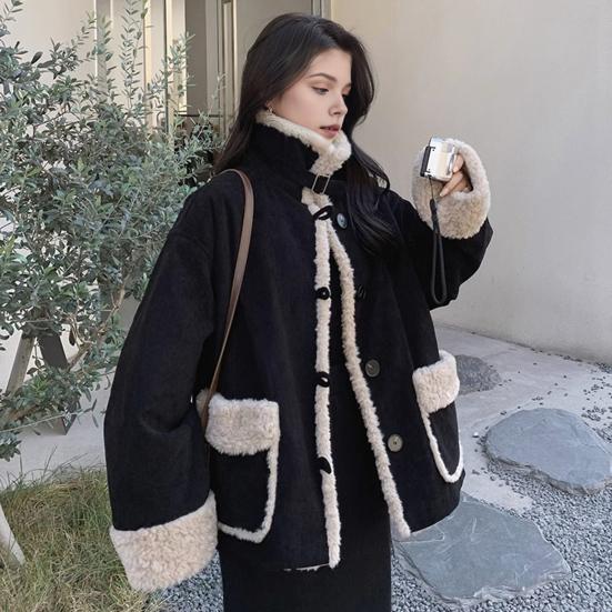 Women Winter Jacket Retro Fleece Contrast Color Thickened Plush Outerwear High Collar
