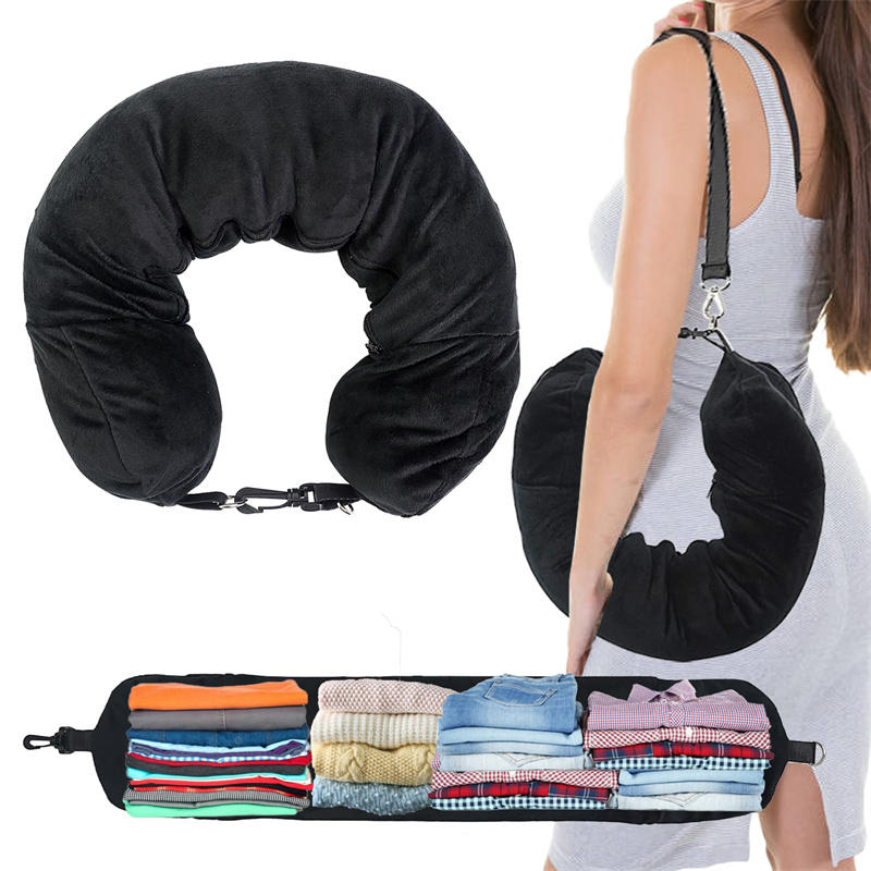 Travel Neck Pillow With Fillable Clothing U-Shaped Pillowcase Extra Storage Bag Velvet Neck Pillow Cover For Airplane Travel