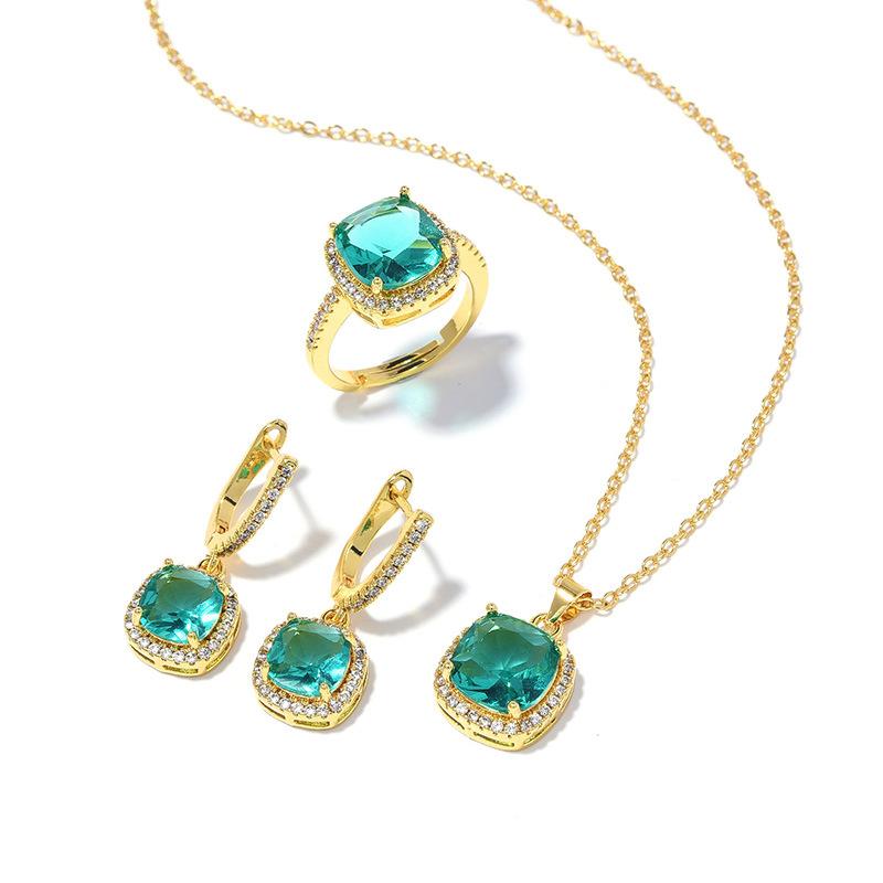 Square Zircon Ring Simple Fashion High Sense Personalized Earrings Necklace Set