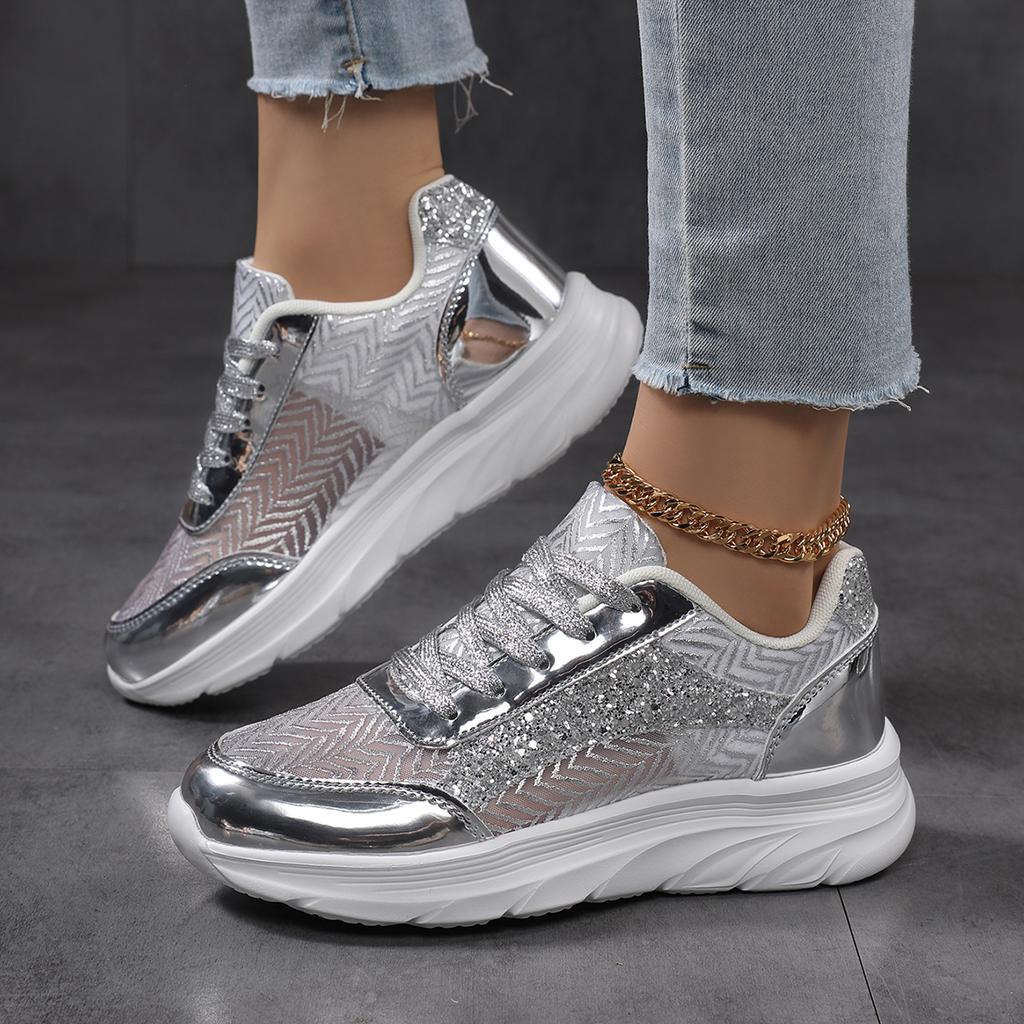 Fashion Women Shoes Bling Silver Shoes Shining Sneakers Trend Casual Breathable Sneakers