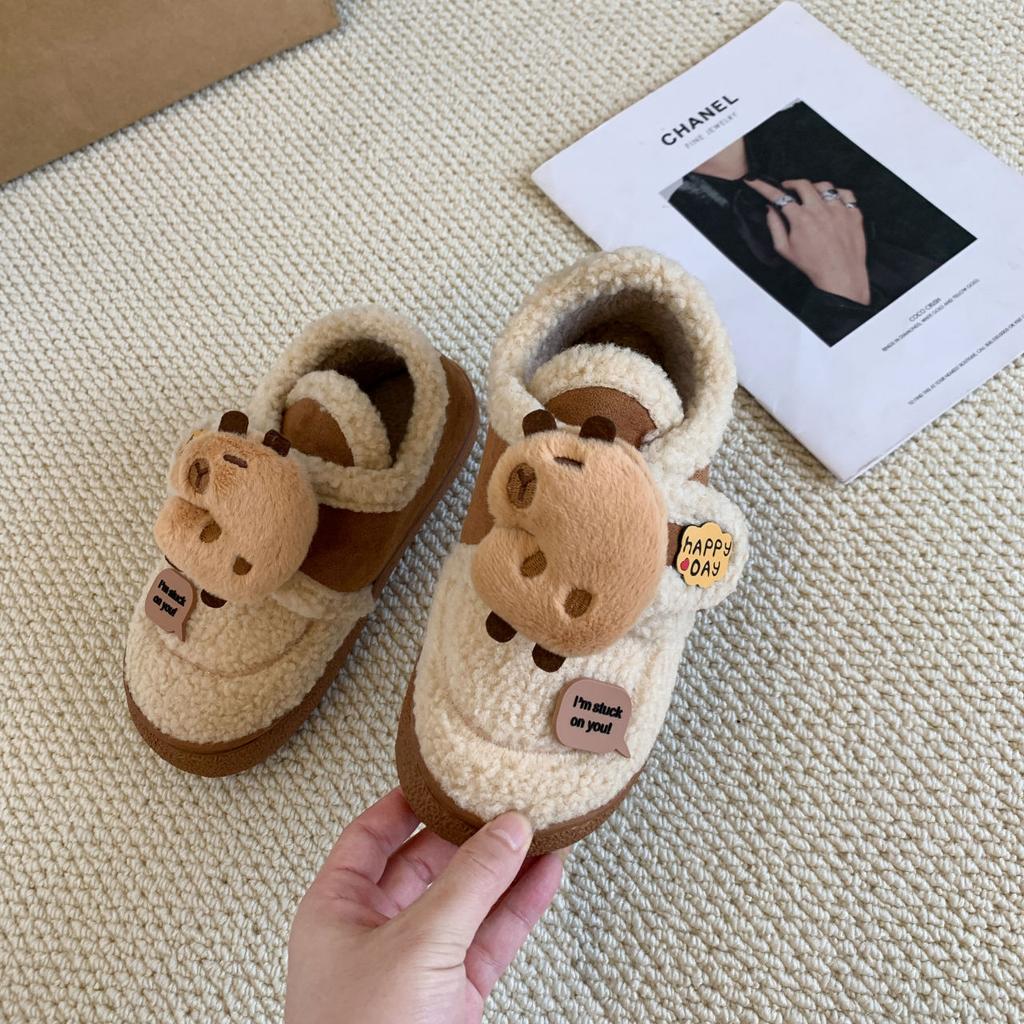 Cute Kapibara Thermal Shoes Lamb Wool Beanie Shoes 2025 Winter New Velcro Toys Non-slip Cotton Shoes