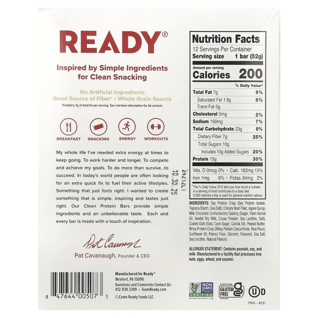 Ready Clean Protein Bar, Chocolate Peanut Butter, 12 Bars, 1.83 Oz (52 G) Each