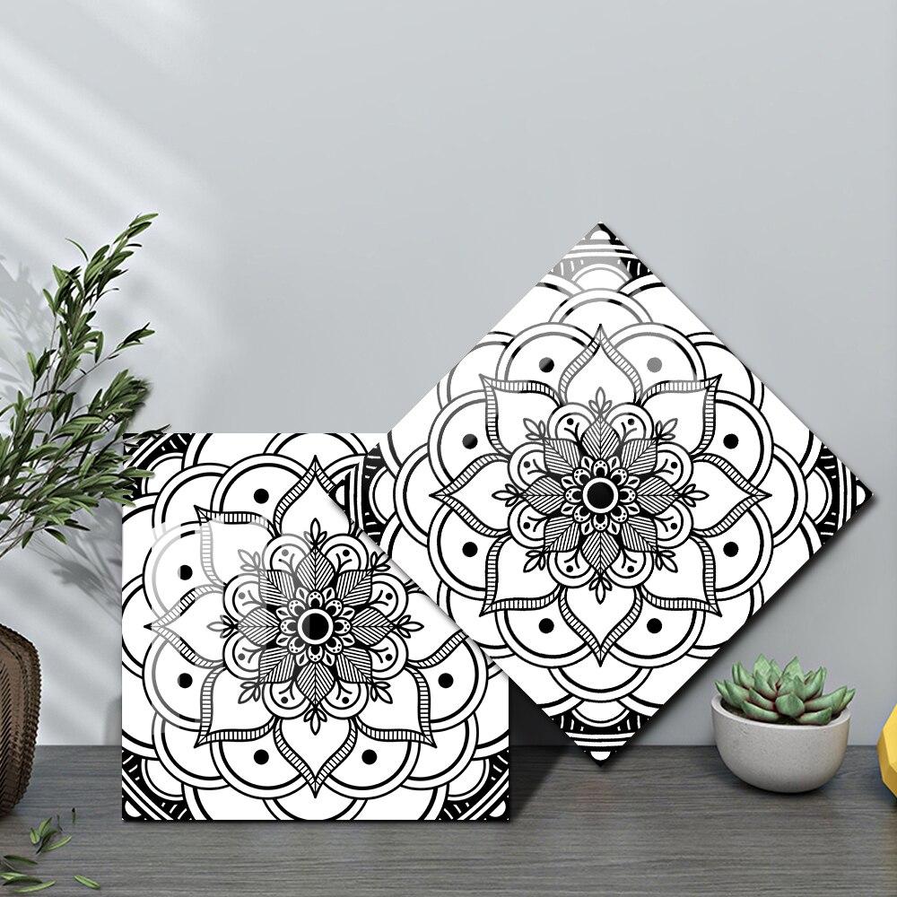 10pcs Black and White Mandala Tiles Wall Sticker Kitchen Backsplash Wardrobe Counter Home Decor Self-adhesive Waterproof Art Mural