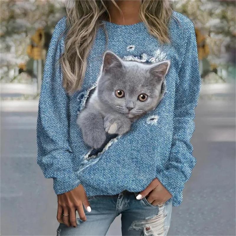 2023 Autumn New Women Round Neck Long Sleeve Fashion Casual Home High Quality Fabric Cute Cat Print Long Sleeve
