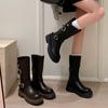 New Thick-soled Medium Boots Women's Round Head Thick-soled 2025 Autumn and Winter Belt Buckle Trendy Knight Boots Square and Martin Boots