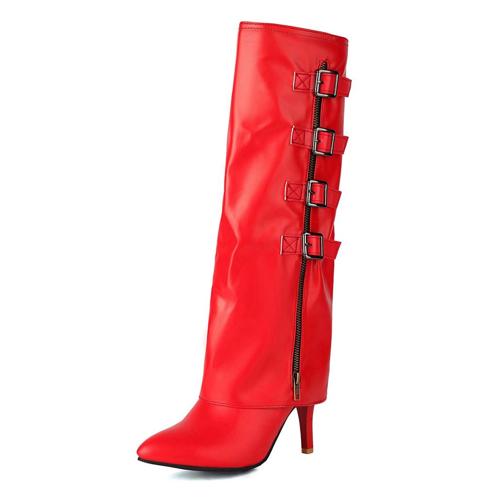 lenkisen PU Autumn Winter Shoes Pointed Toe Stiletto Thin High Heels Metal Square Buckle Keep Warm Fashion Knee Boots