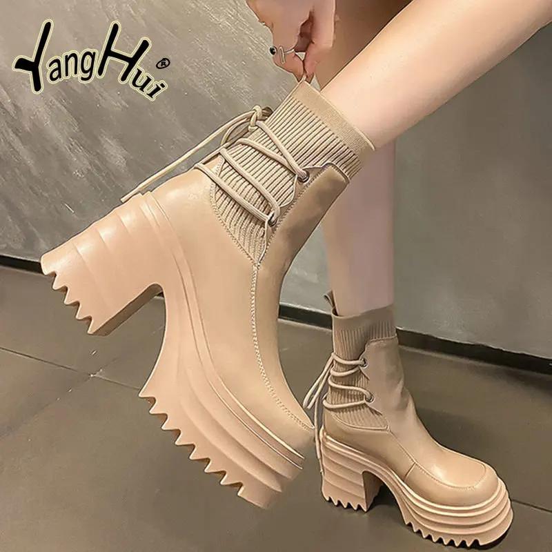 2024 New Ankle Modern Boots Cotton Fabric Lace FashionBlack Chunky High Heel Super High Platform Shoes for Women Spring Autumn