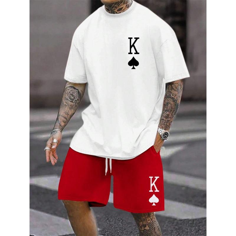 2025 Summer New Men's Short Sleeved Shorts Set Fashion King Printed T-shirt Shorts 2 Sets Casual Round Neck Jumping Breathable S