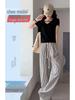 Women's Korean Pinstripe Wide-Leg Pants - Summer Casual, Loose Fit, Elastic Waist & Drawstring, Textured Straight-Leg.
