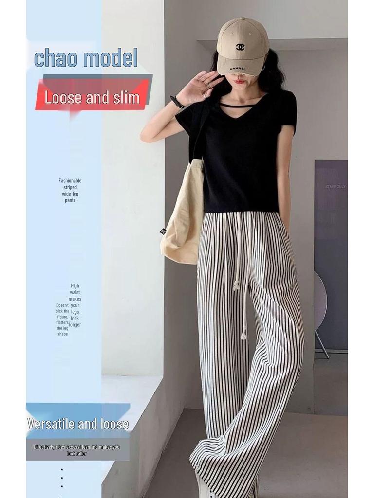 Women's Korean Pinstripe Wide-Leg Pants - Summer Casual, Loose Fit, Elastic Waist & Drawstring, Textured Straight-Leg.