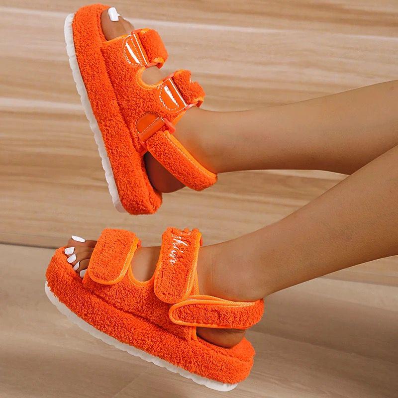 Summer Thick Flat Slides Sandals Girl Fashion Casual Beach Shoes Ladies Open-Toe Plus Size Shoes Fur Platform Sandals Women