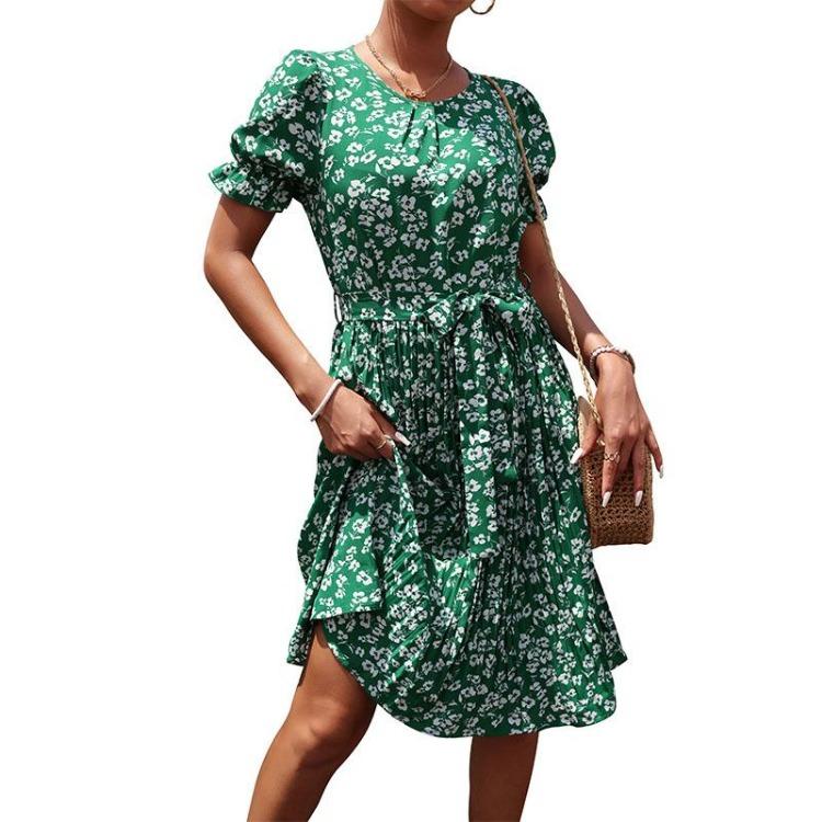 Women Summer Green Floral Print Pleated Dress Short Sleeve O Neck Lace Up