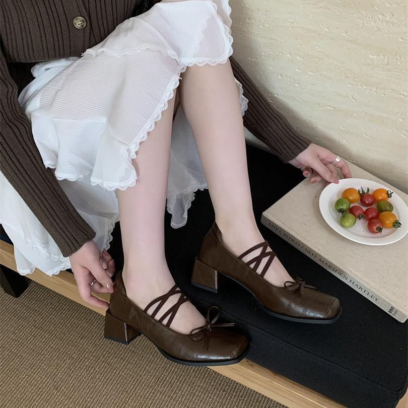 2025 Spring and Autumn New Niche Design Bow Ballet Shoes Square Head Thick Heel Mary Jane Shoes Single Shoes Leather Shoes