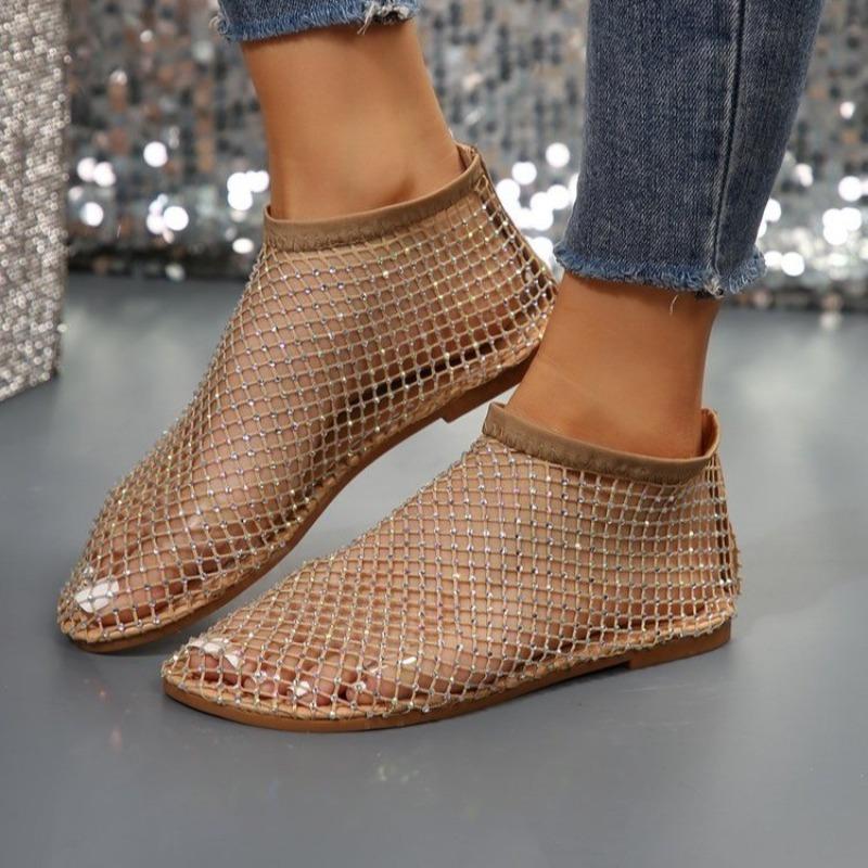 Summer New Large Size Round Head Sandals with Diamonds Short Boots Flat Bottom Hollow Sandals Women