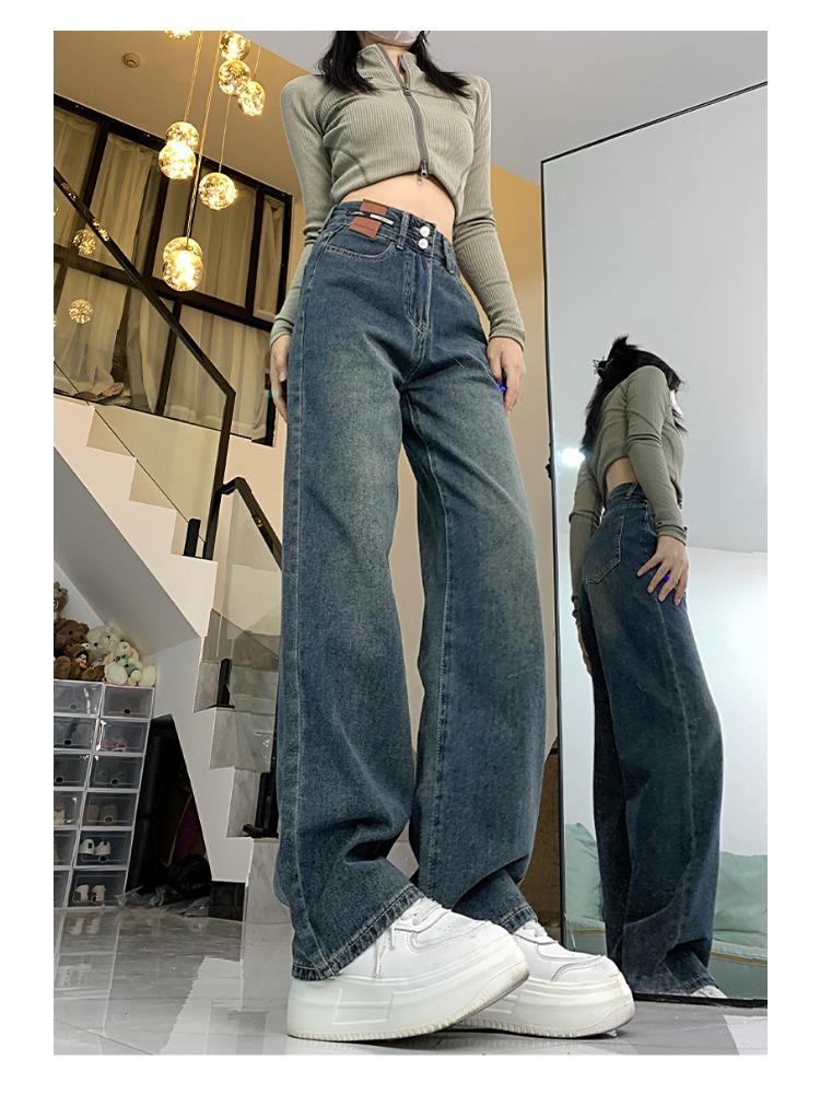 High Waist Washed Straight Jeans, Loose Fit Slant Pockets Non-Stretch Denim Pants, Women's Denim Jeans & Clothing