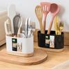Kitchen Tableware Storage Bucket Utensil Holder Cutlery Drainer Plastic Chopstick Spoon Storage Rack with Wooden Base
