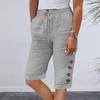 Women Summer Shorts Elastic Waistband Adjustable Drawstring Casual Pants with Pockets Solid Color Buttons Decor Knee-length Pants