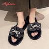 Fashion Aphixta 2025 New Sweet Warm Winter Furry Slippers Women Indoor Slippers Shoes Crystal Butterfly Knot Dec Flat Heel Hair Slides