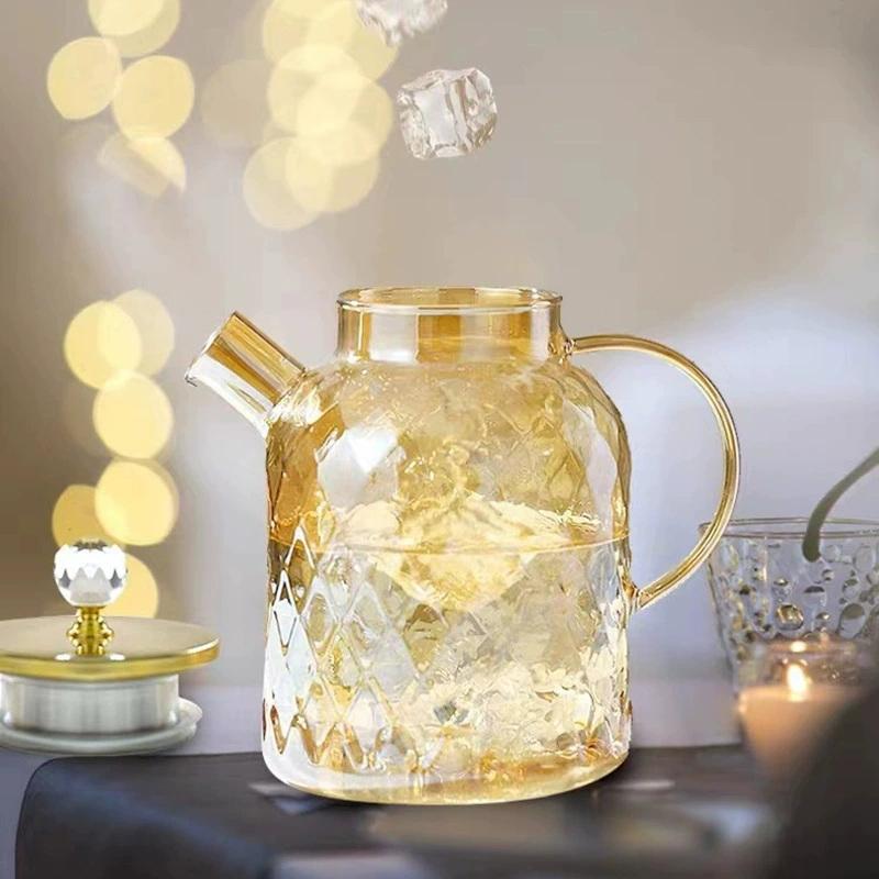 Glass Tea Kettle With Bamboo Lid And Removable Filter Spout Champagne Teapot For Loose Leaf Blooming Tea And Fruit Tea 1/15/1.8L