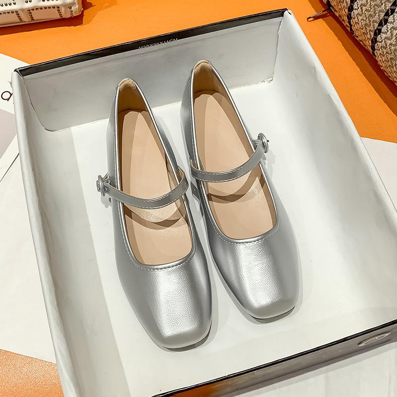 Fashion Red Little Leather Shoes for Women 2025 Spring Autumn Shallow Mouth Square Head Pumps Low Heel One Word Straw Mary Jane Shoes