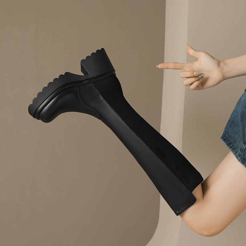 Krazing Pot Microfiber Autumn Winter Shoes Patch Work Platform Boots Round Toe Keep Warm Thick Bottom Thigh High Boots