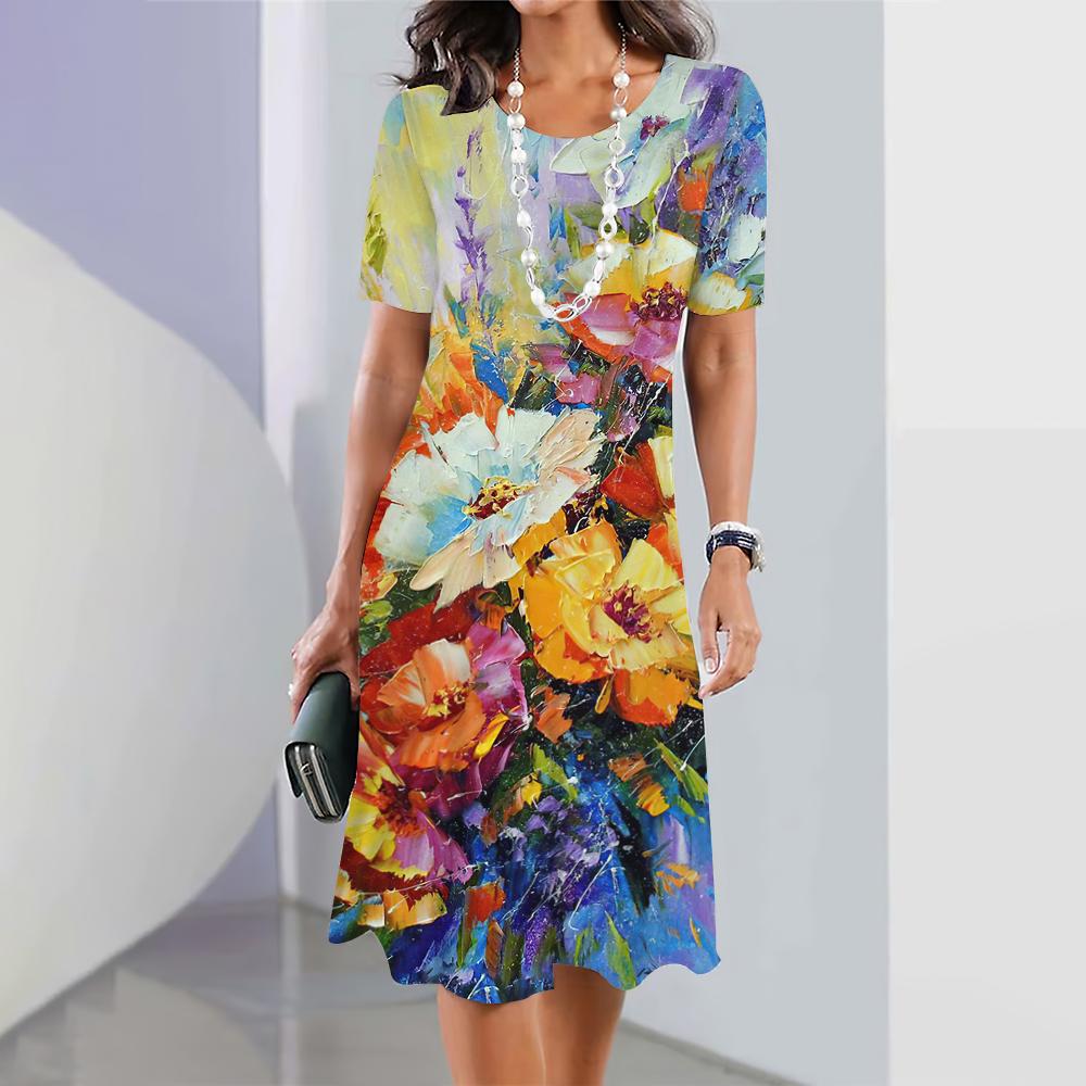 2024 New Spring Women's Dresses Floral Printed Elegant Casual Short Sleeve Dresses Fashion Oversized Women's Dresses