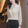 Women's V-Neck Lace Stitching Long-Sleeve Solid Chiffon Top for Spring & Autumn