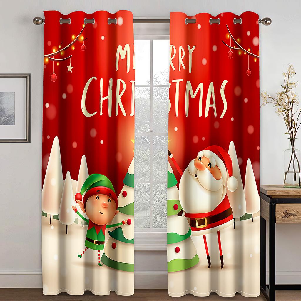 3D Christmas Curtains Christmas Christmas Tree Snowman Red Curtains Balcony Living Room Window Decorative Curtains 2 Panels
