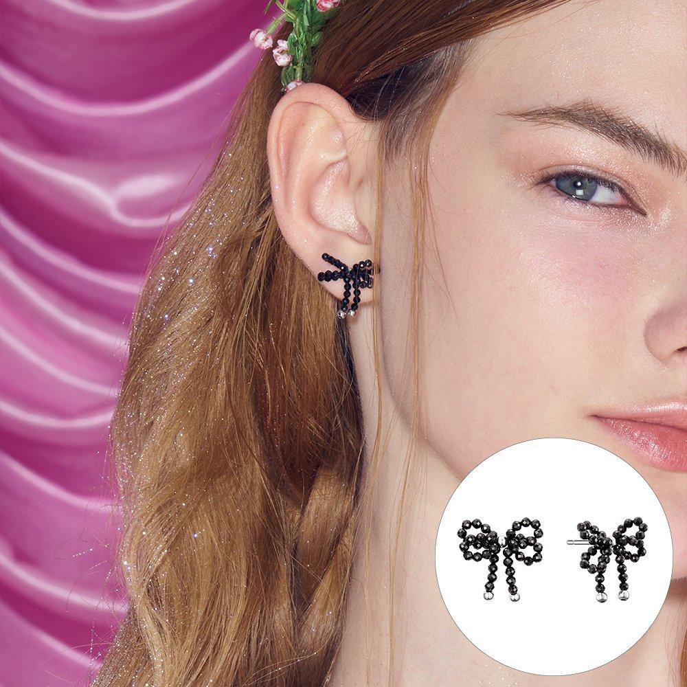 [Rosemont] Silver Black Spinel Bead Ribbon Earrings Ra24C56J