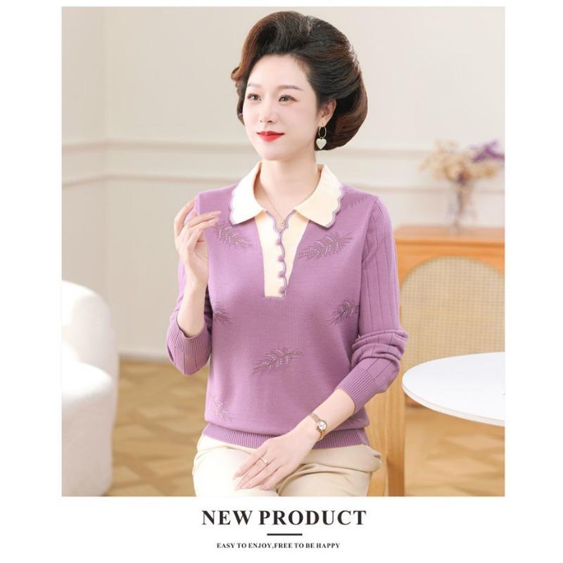 Mom Wear Spring Autumn Lapel Loose Top 2025 Middle-aged Elderly Women's Knitted Sweater Fashionable Base Shirt