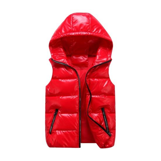 Men Cotton Vest Autumn Winter Hooded Sleeveless Zipper Placket Jacket with Pockets Solid Color Glossy Finish Down Quilted Vest Coat