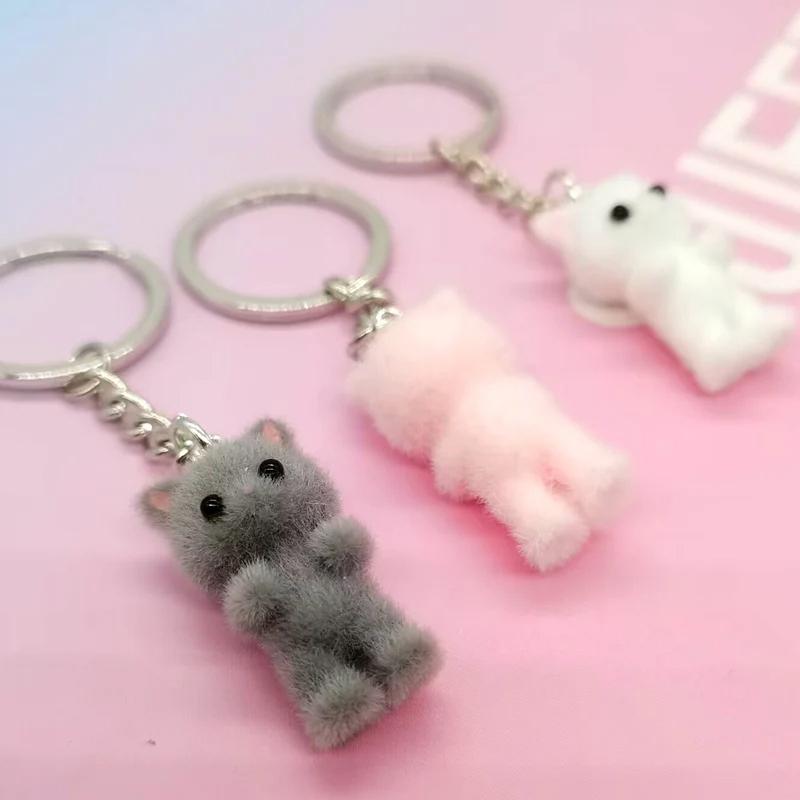 Cute 3D Flocking Kitten Small Bear Keychain Resin Cat Couple Mobile Phone Pendant Car Keyring Earphone Backpack Charms Bag Decor
