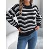 Fashionable Women's Casual Openwork Colour-Block Striped Lantern-Sleeve Pullover