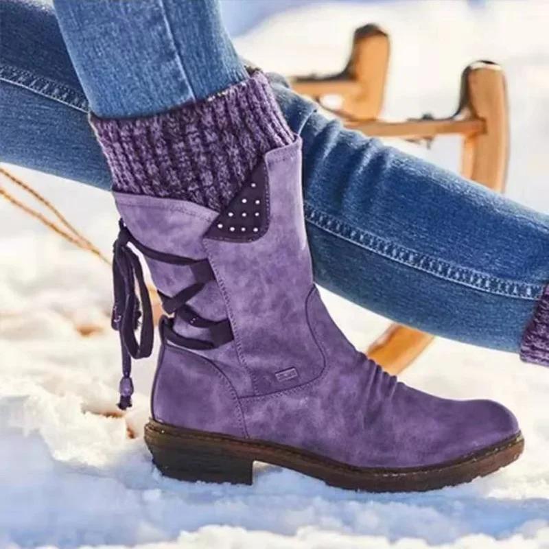 Fashion Women Retro Warm Woolen Boots Winter Fashion Lace Up Platform Causal Cotten Shoes Fluffy Plush Suede Anti-cold Short Snow Boots