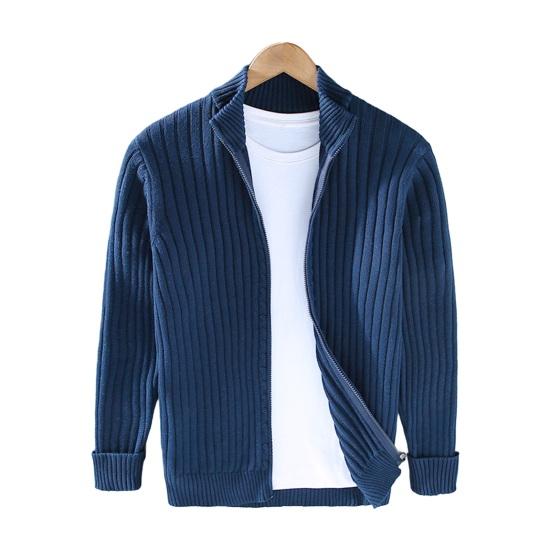 Fall Winter Men Coat Zipper Closure Knitted Cardigan Stand Collar Long Sleeves Solid