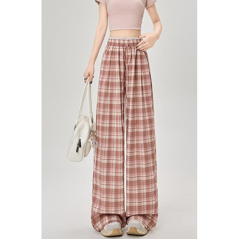 Lace Lace Plaid Wide-leg Pants for Women In Spring and Summer High Waist Lazy Loose Straight-leg Casual Floor Pants
