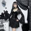 Women Halloween Cosplay Dress V Neck Lace Tie-up Strap Dark Style Gothic Medieval Vintage Bell Sleeves Performance Stage Show Dress