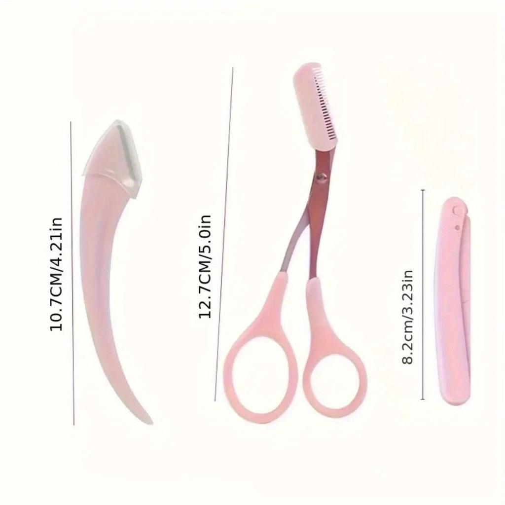 1pc Crescent Eyebrow Trimmer + 1pc Pink Eyebrow Scissors + 1pc Pink Folding Eyebrow Trimmer, Pink Eyebrow Clipper with Built-in Comb