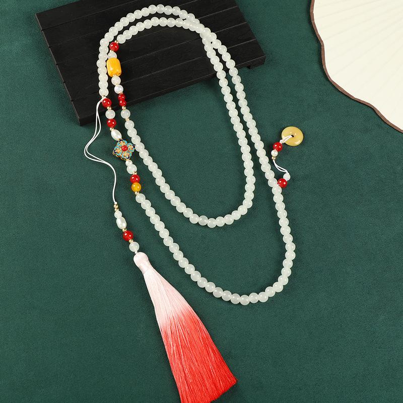 Длинная цепочка-мессенджер, высококлассное ожерелье из бусин зеленого глазурованного агата, аксессуары для цепочки для свитера к ципао, женские