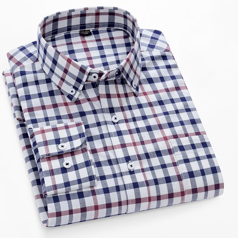 Pure Cotton Long Sleeve Office Men Plaid Shirts Button Collar for Business Checked Design Comfortable Male Clothing with Chest Pocket