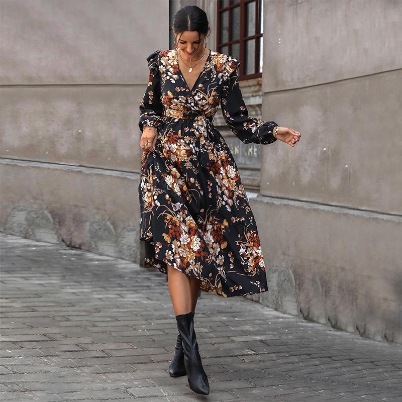 2025 New Autumn Women's Clothing V-neck Printed Medium and Long Dress Women