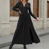 New Autumn Elegant Retro Style Lace V-neck Bow Print Long-sleeved Dress
