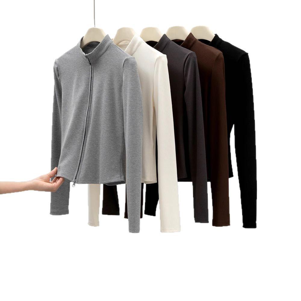 Women's Slimming Double Zipper Knitted Jacket with Stand Collar - Versatile Long Sleeve Cardigan for Spring and Autumn.