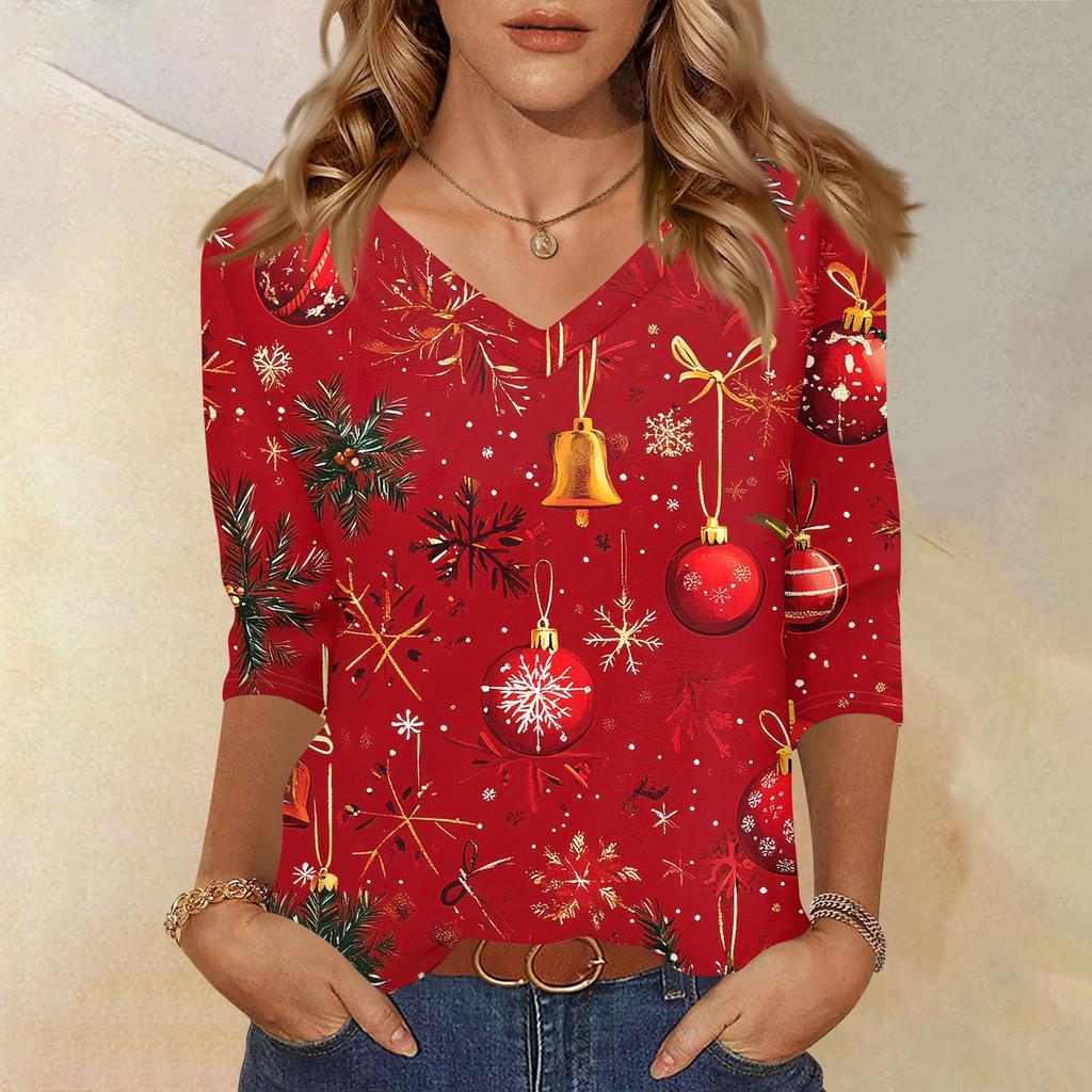Women's T Shirt CHristmas Print 3/4 Sleeve Daily Weekend Fashion Basic V- Neck Regular Top