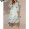 Women's Fashion Spring Fall Flower Pattern Print 3/4 Sleeves V-Neck Middle Waistline Casual Dresses