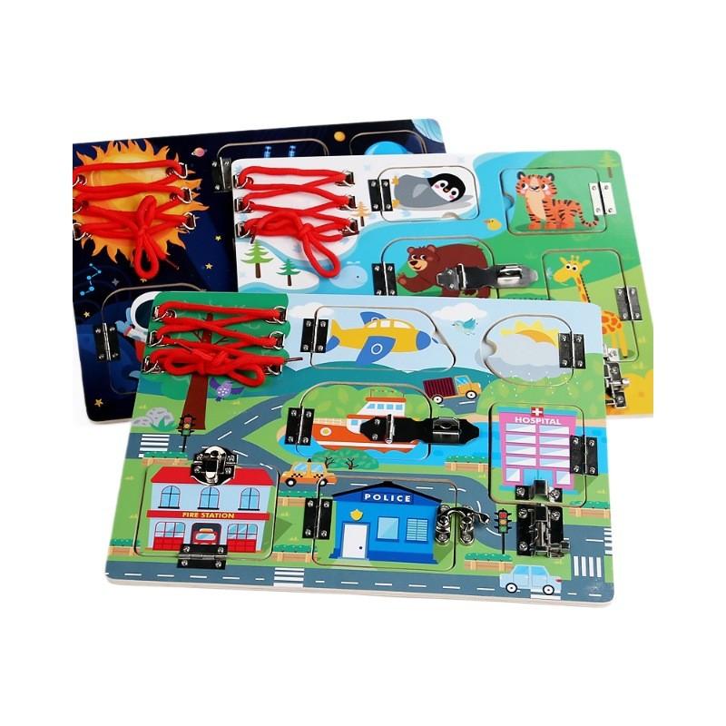 Children Wooden Fun Space Animal Traffic Theme Unlock Board Children Toy Puzzle