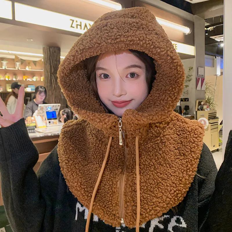 WTEMPO Autumn Winter Large Size Hooded Shawl Hats Women's Thickened Plush Warm Hats Outdoor Cycling Skiing Soft Ear Protection Hats